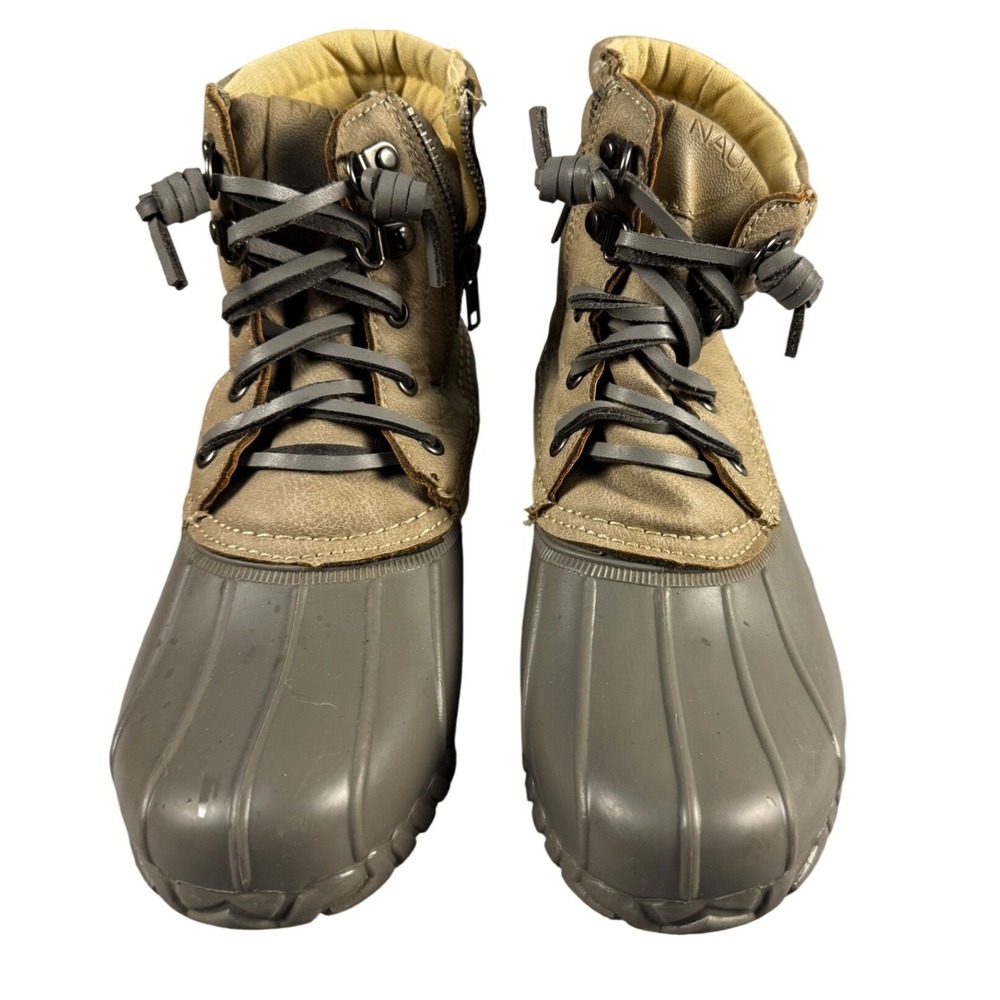 Nautica Sea Ripple Mens Duck Boots Size 6 Grey Tan Waterproof Side Zip Rain Snow
